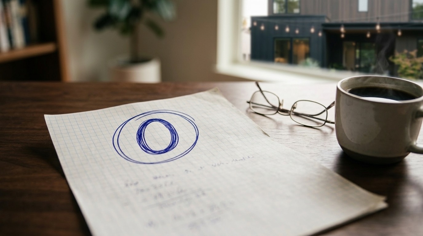 A handwritten zero circled in blue ink on a page lying on a desk beside reading glasses and a cup of coffee