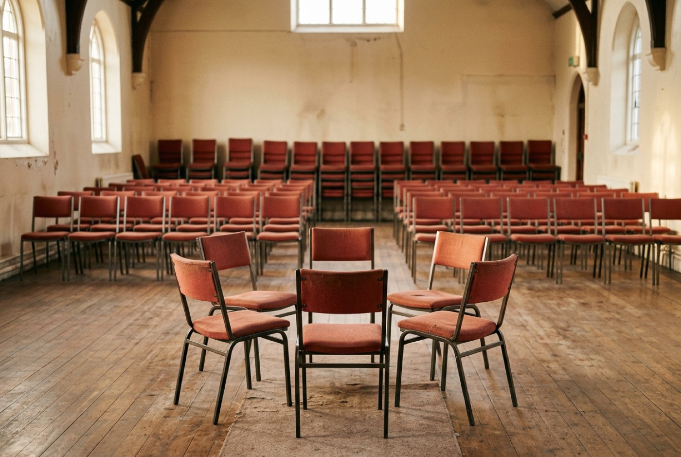 Rows of empty church chairs with a small circle of five chairs pulled together in the foreground