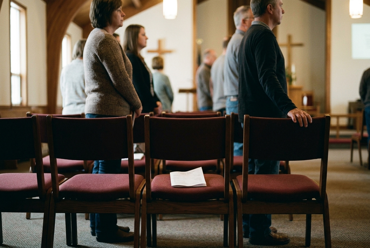 A gap in a row of church chairs, a worship service going on around it