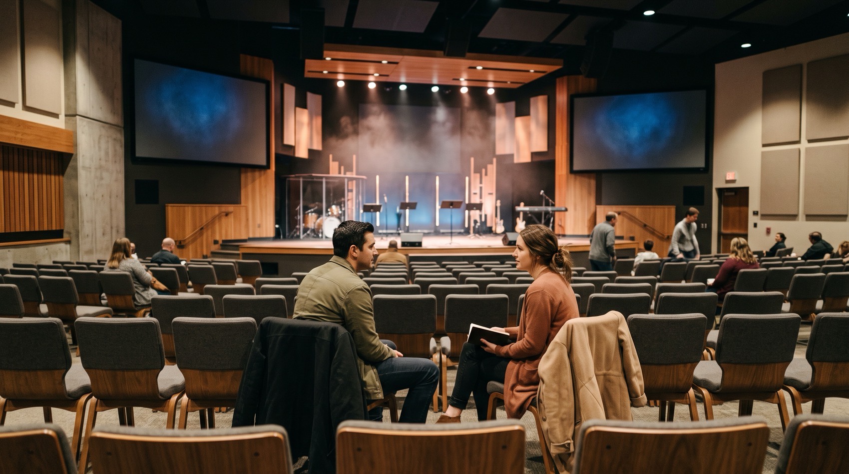 A couple sitting alone in the middle of a row in a contemporary church auditorium before the service begins