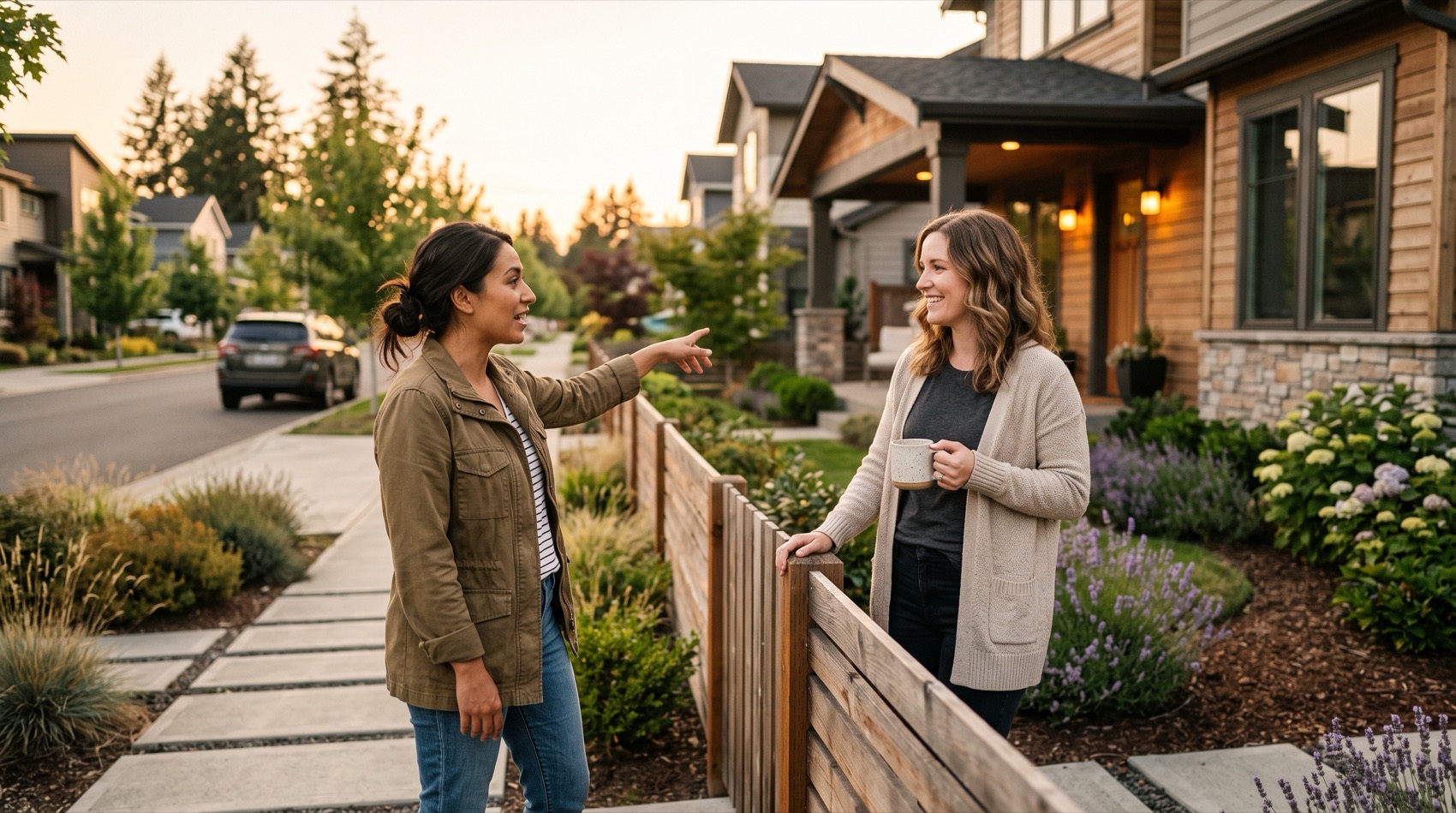 Two neighbors talking across a fence at golden hour, one pointing down the street as if giving a recommendation