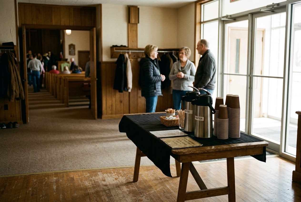 A church lobby just before service, coffee on a table, morning light through the glass doors