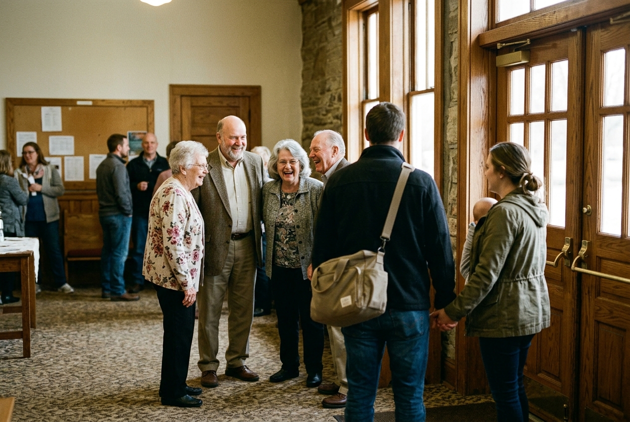A group of church members laughing together in a lobby while a young family stands near the door, looking on