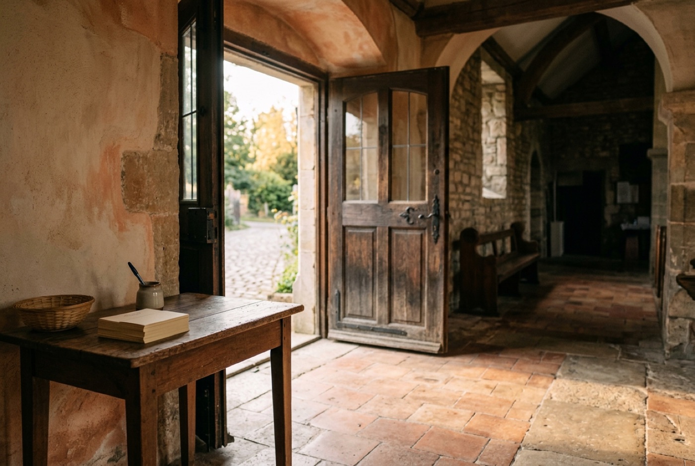 An open church door with morning light and a welcome table with connect cards