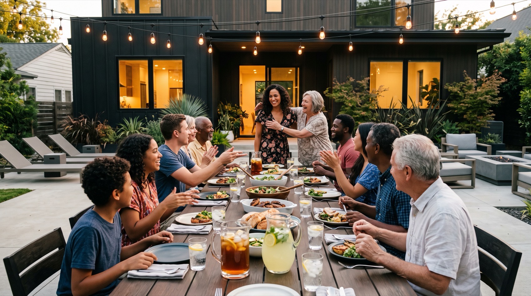 A backyard dinner table at dusk under string lights, a new guest being welcomed at the far end