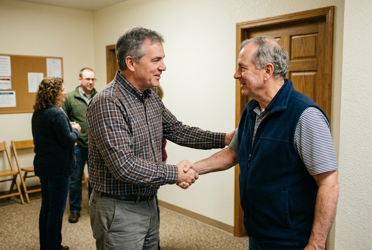 A pastor shaking hands with a visitor at the sanctuary door while a line forms behind them