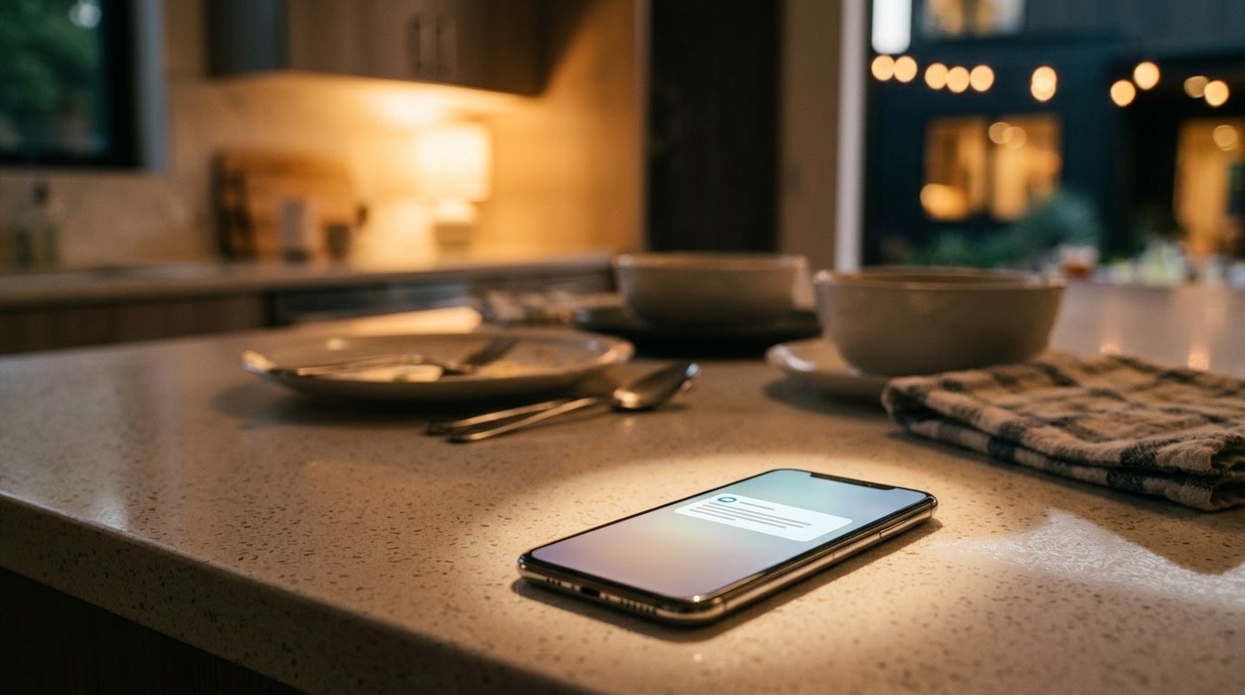 A phone lighting up with a message on a kitchen counter in the evening, dinner dishes in the background