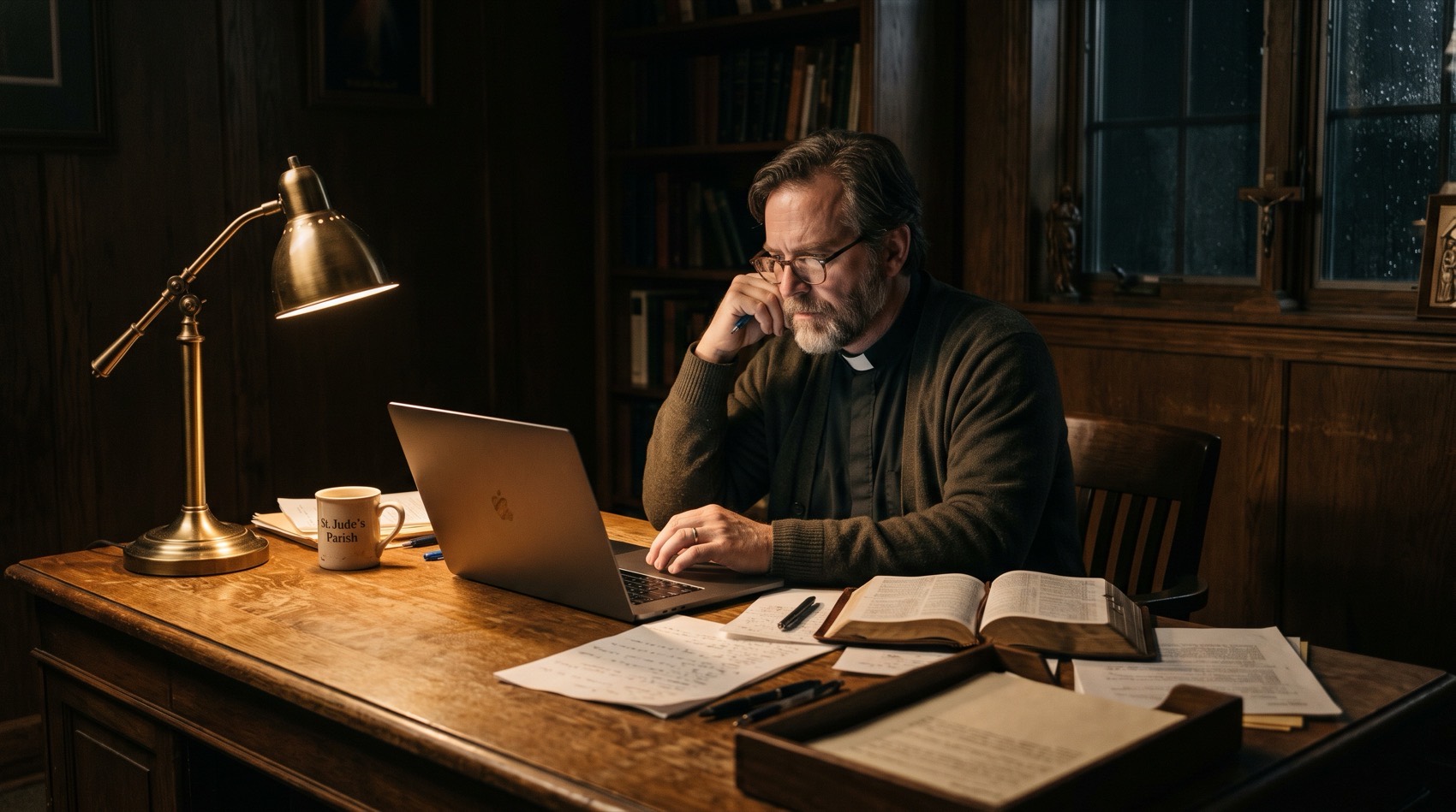 A pastor working alone late at night at his church office desk, carrying the weight of the whole church