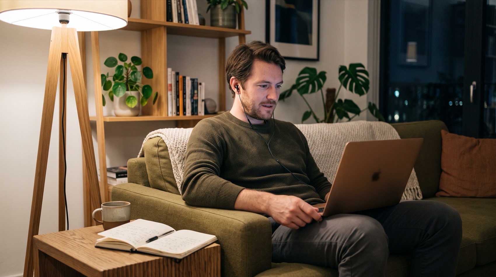 A man on a sofa at night watching a church service on his laptop, notebook open beside him