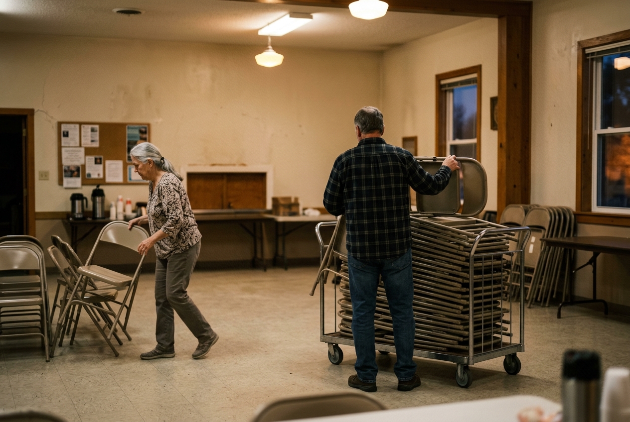 Two people stacking chairs together in a fellowship hall after a church event