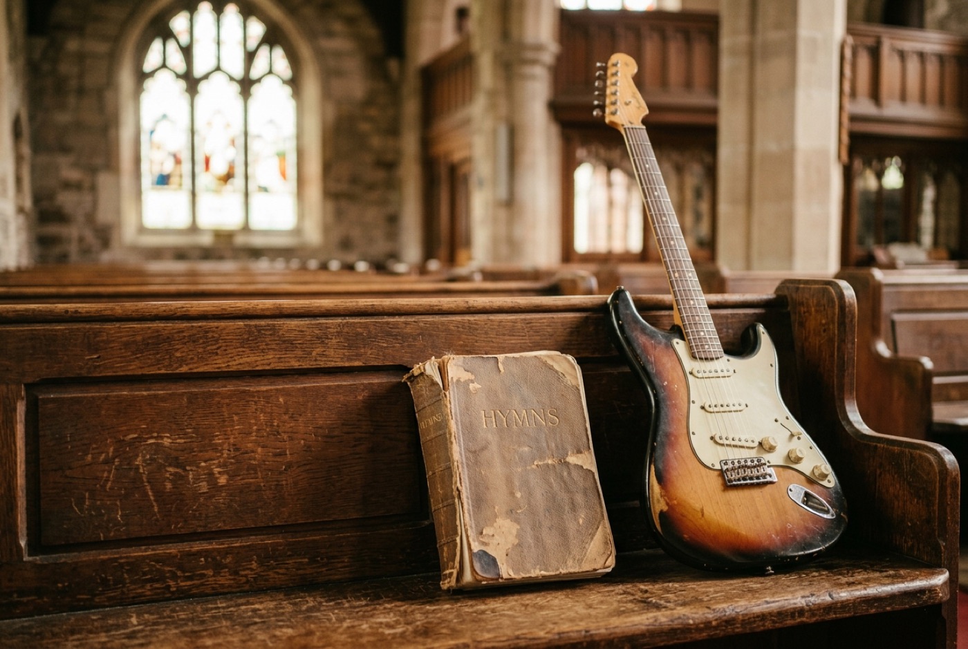 A worn hymnal and an electric guitar resting together on a wooden church pew