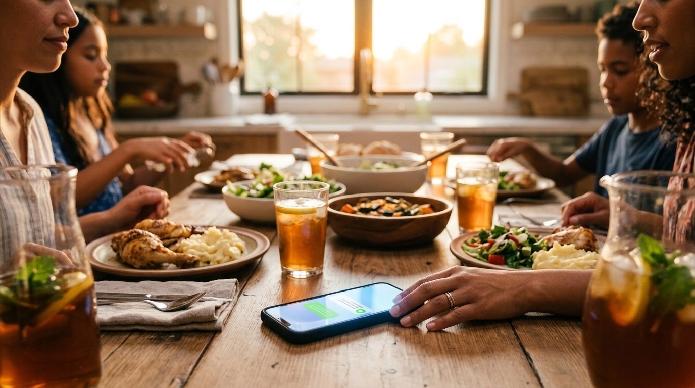 A young family's kitchen table set for Sunday dinner, a phone lighting up with a text message beside a plate