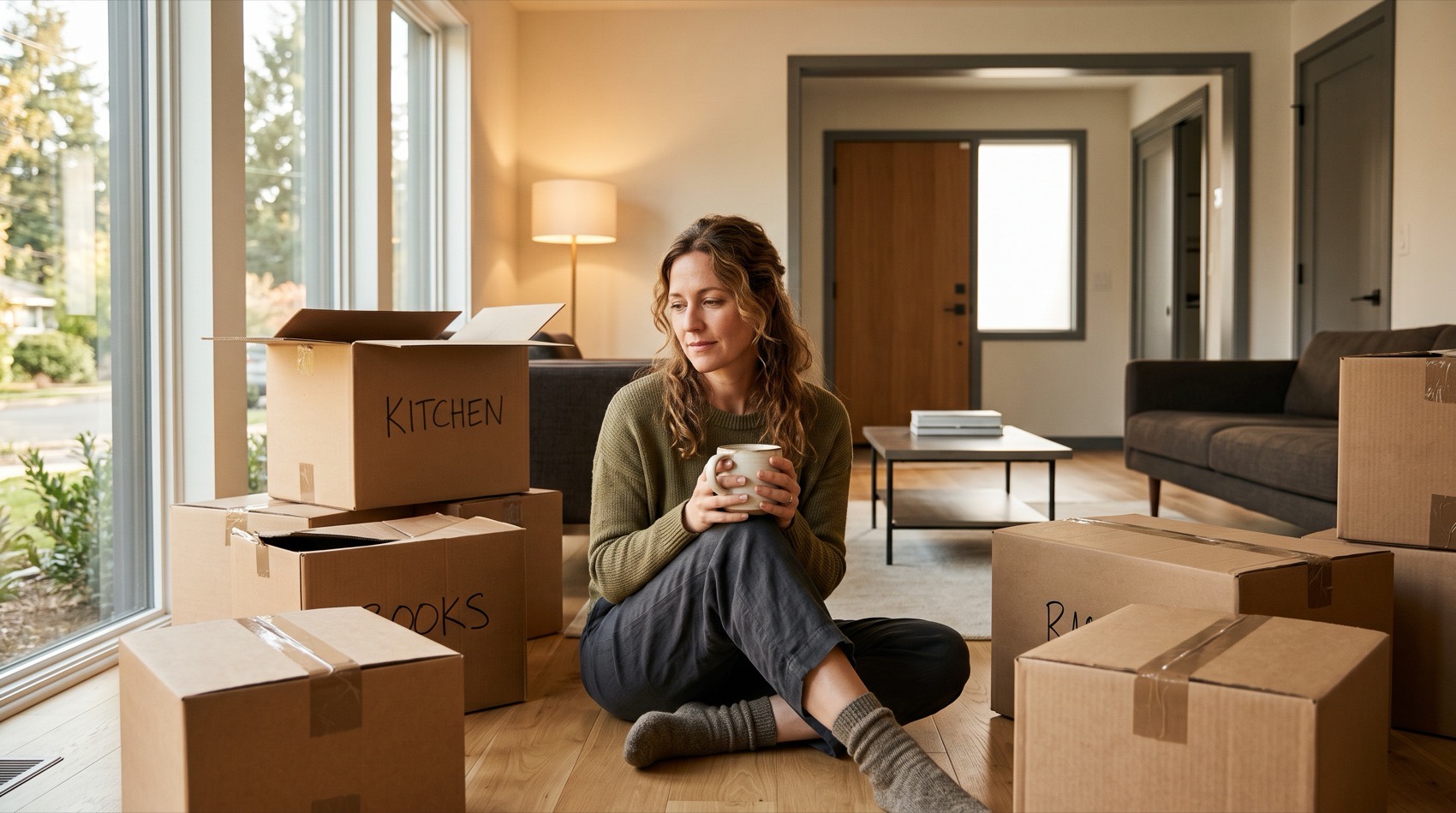 A woman sitting on the floor among moving boxes in a bright living room on a Sunday morning
