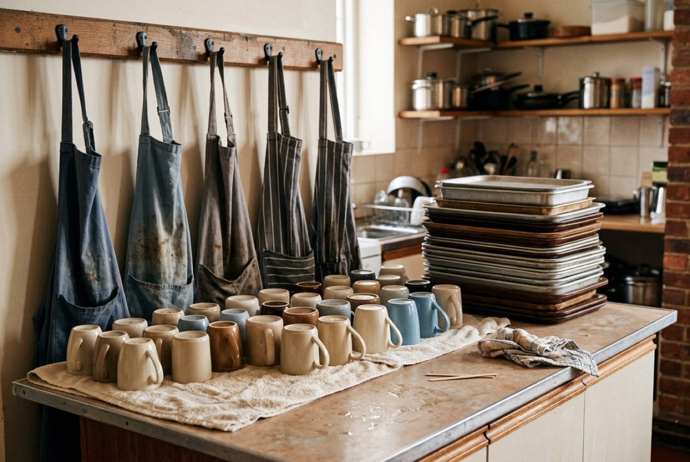A church kitchen counter with many washed coffee mugs, aprons, and serving trays — evidence of many hands