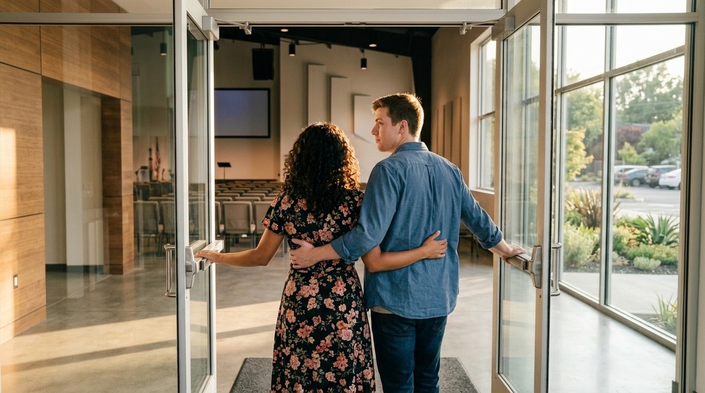 A young couple pausing at the glass doors of a church lobby, looking back toward the auditorium