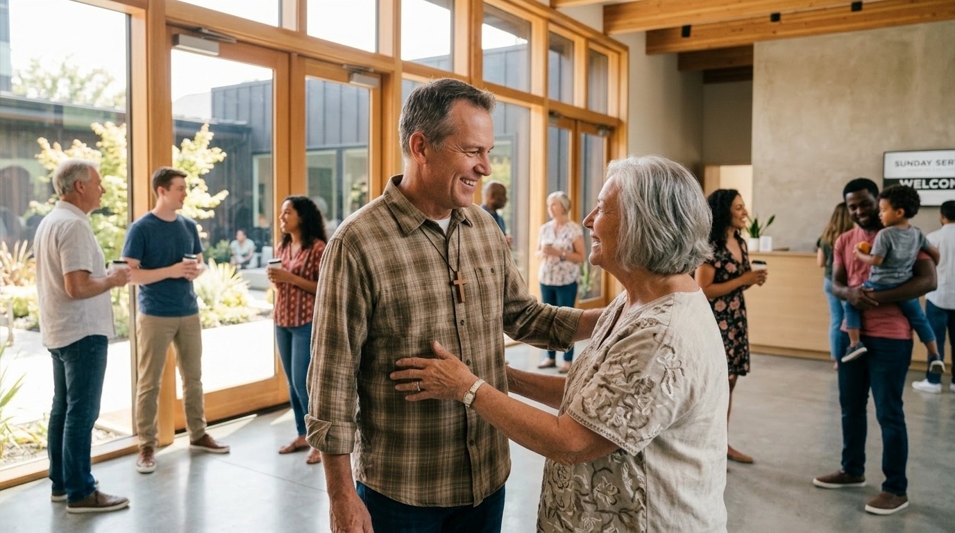 A pastor greeting a woman in a bright church lobby after the service, mid-conversation