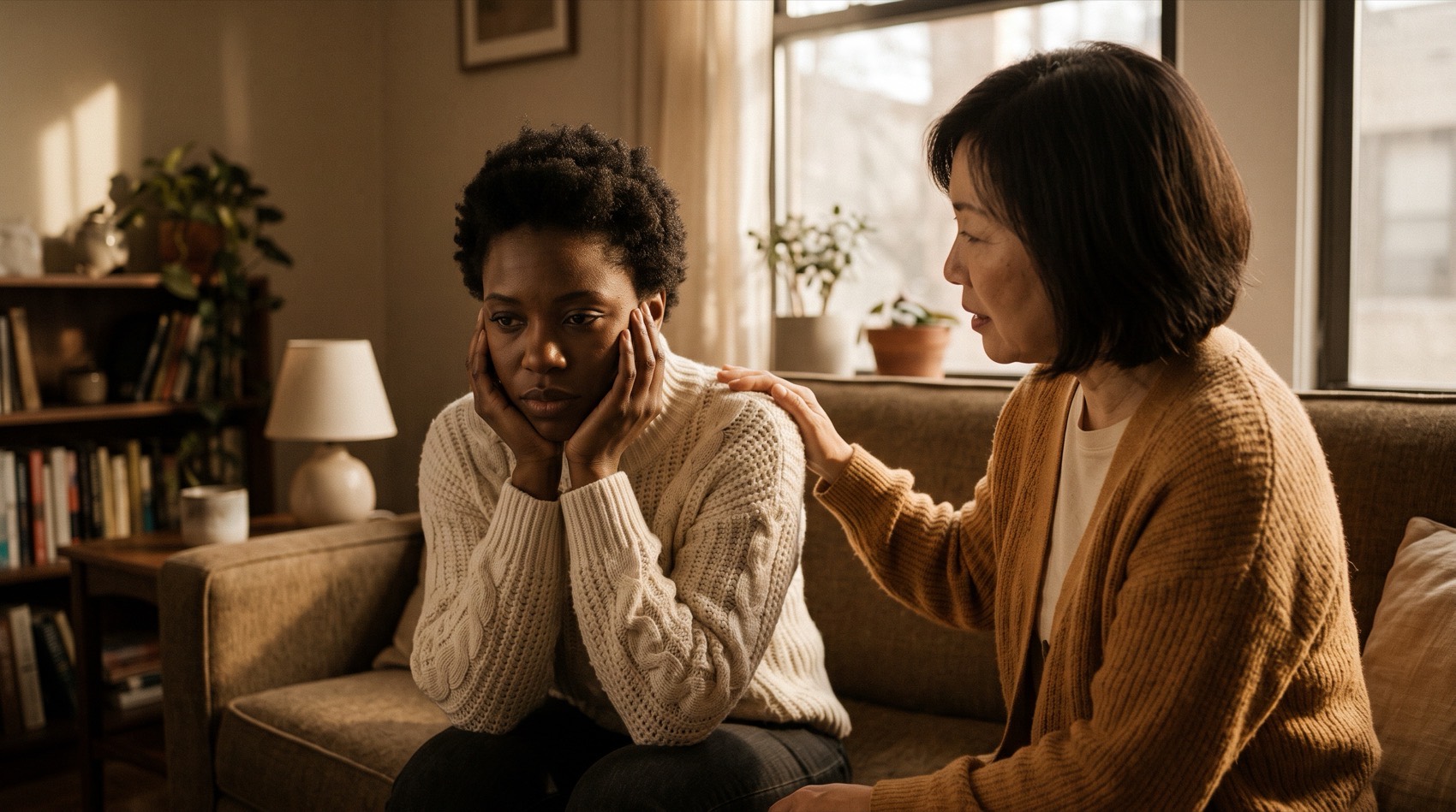 One person gently comforting another with a hand on the shoulder — care that shows up
