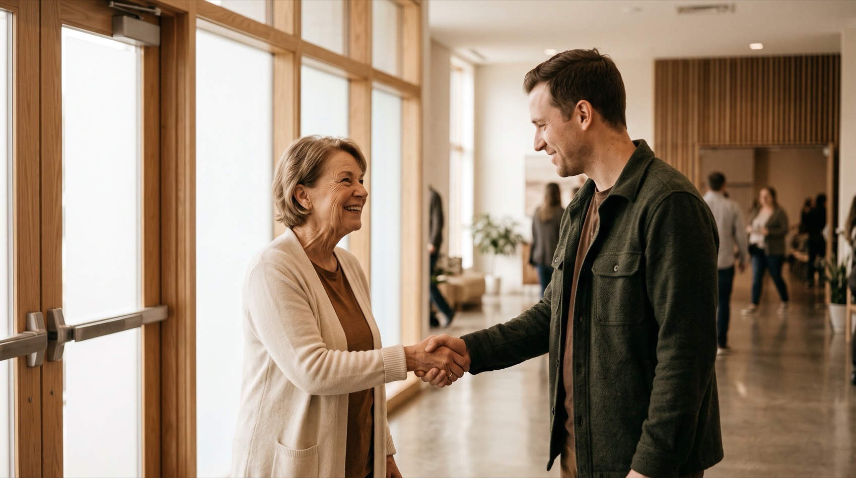 A greeter welcoming a first-time guest