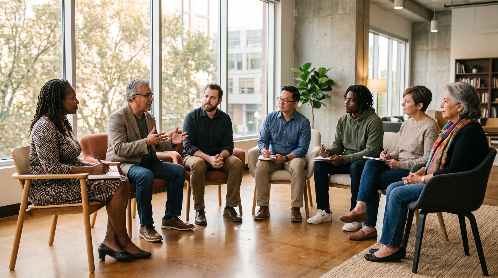 Seven pastors seated in a circle in a bright modern room, one speaking while the others listen