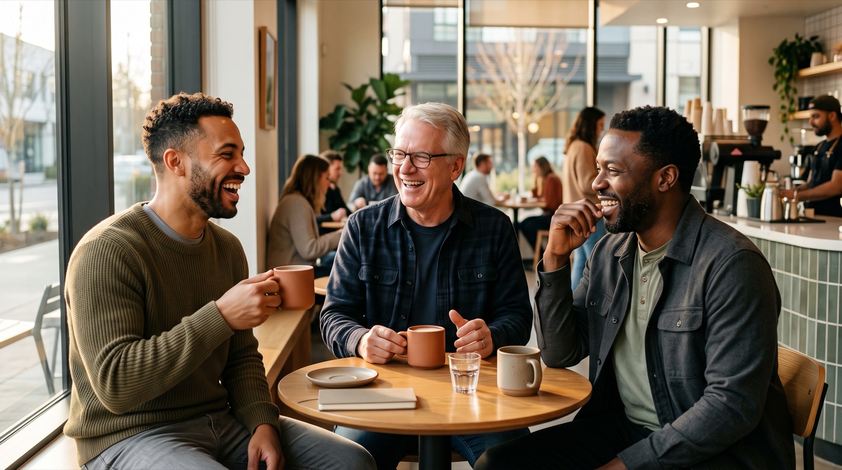 Three pastors laughing together over coffee at a small table