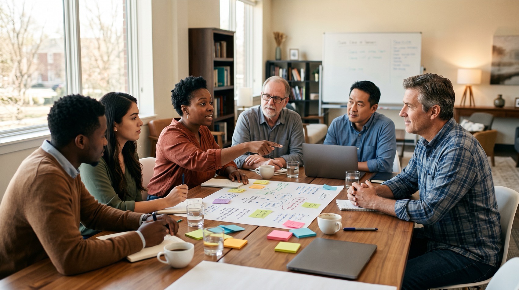 A pastor and five church leaders working through a plan around a conference table